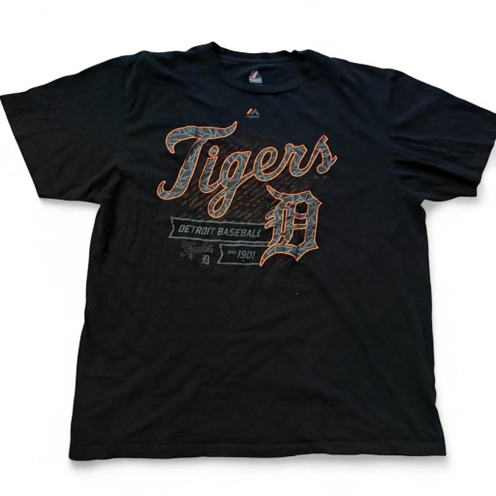 Vintage Majestic Detroit Tigers MLB Black Graphic T-Shirt Mens 2XL Triple Peak